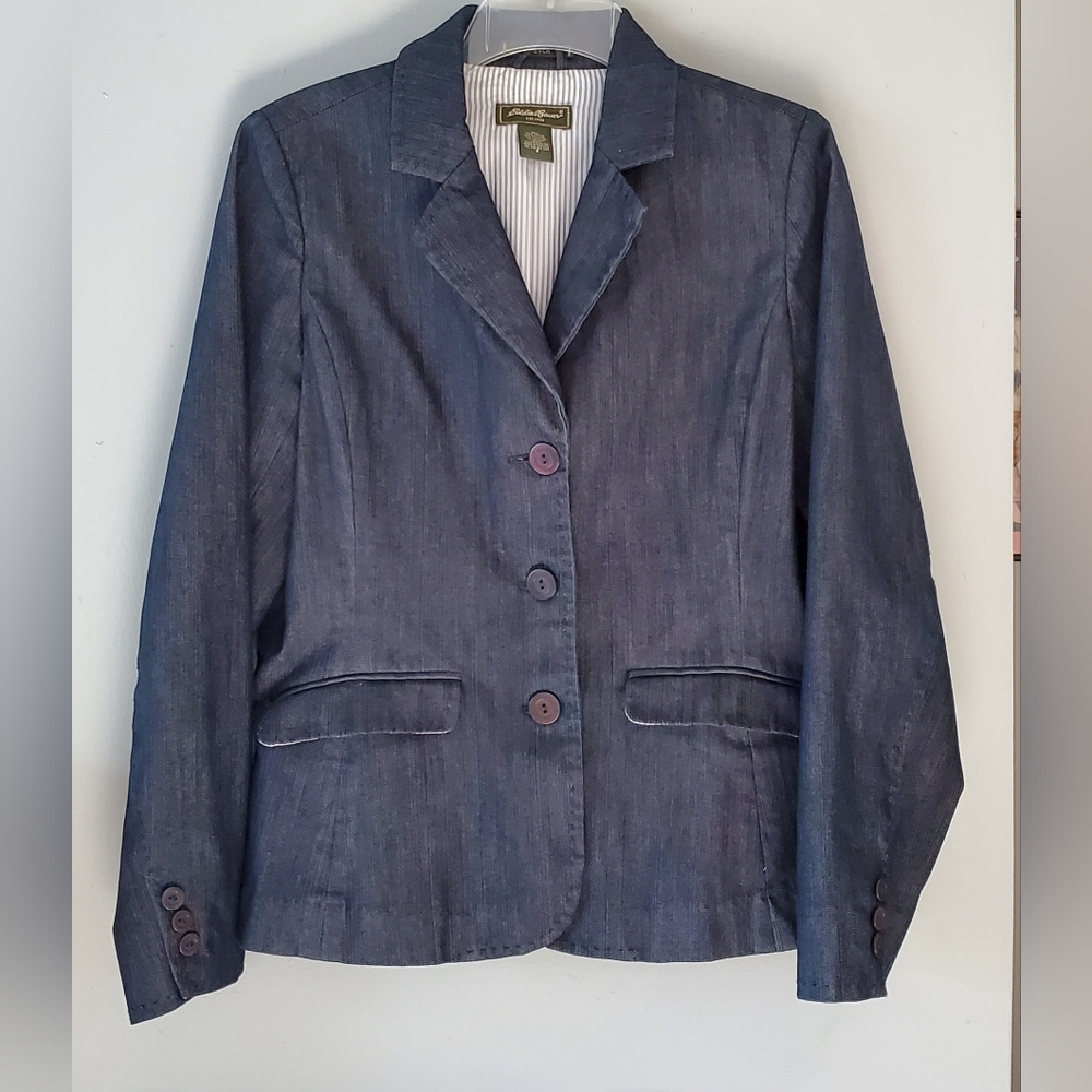 Eddie Bauer Blazer Womans Size 8 Dark Blue Stretch Denim 3 Button Blazer Jacket